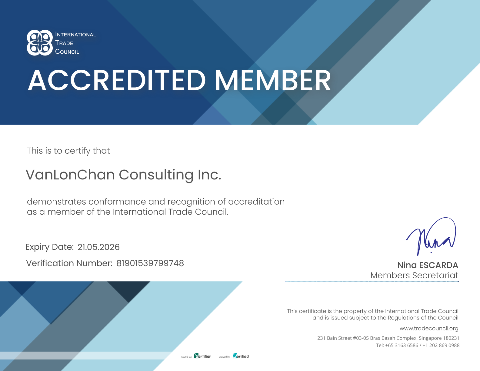 VanLonChan Consulting Inc, member of International Trade Council